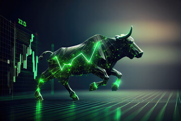 Bull stock market trading investment stick graph. Finance and economy concept. Generative AI - obrazy, fototapety, plakaty