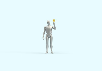 A modern human robot holds an electric light bulb in his hand. 3d render on the topic of technology, Internet, electricity, electronic devices. Modern minimal style, blue background.