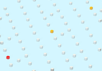 A pattern of geometric shapes. Cubes on a blue background. 3d render on the theme of background, covers, website, technology, abstraction. Yellow cube in the center. Modern minimal style.