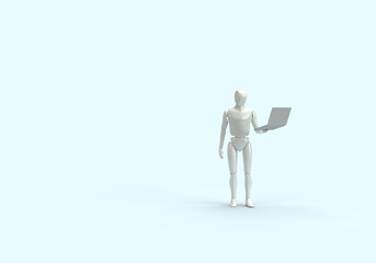 A modern human robot is holding a laptop in his hands. 3d render on the topic of technology, engineering, neural networks and artificial intelligence. Blue background.
