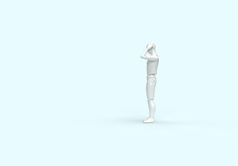 A modern human robot is holding a smartphone in its hands. The robot is talking on the phone. 3d render on the topic of communication, neural networks and artificial intelligence. Blue background.