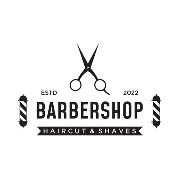 Barbershop Logo template in vintage style with the concept of scissors, razor and other tools.Logo for business, salon, label and barbershop.