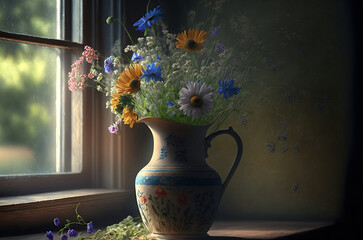 Bouquet of wildflowers in a vase by the window. Generative AI - 567045677