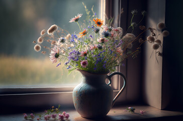 Bouquet of wildflowers in a vase by the window. Generative AI