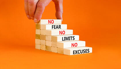 No fear limits excuses symbol. Concept words No fear no limits no excuses on wooden blocks....