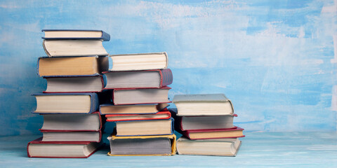 Vintage old hardback books. Education background. Back to school. Copy Space.