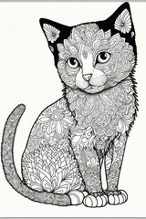 Cat Mandala Colouring Book Style Black and White Fine Lines 