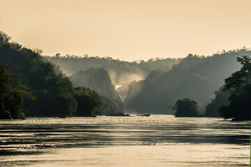 Sunset view of the Murchison waterfall on the Nile river. Murchison falls national park, Uganda.