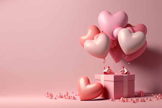 balloon heart shape in pink studio with gift boxes, Generative AI