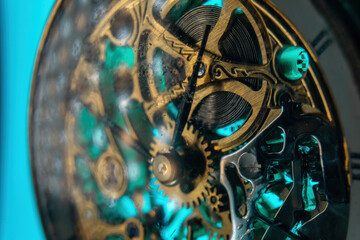 The view is close. Mechanism of a wristwatch. Gears, levers, springs and gems. Engraving and gold. old scratched glass. Concept of repair and service. Selective focus.