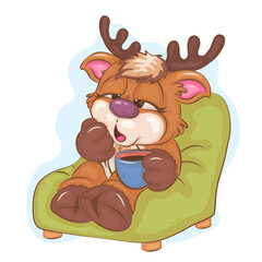 Cartoon Sleepy Deer. Clipart. A cute illustration of a cartoon deer sitting on a chair with a cup of coffee. Unique design, Children's mascot.