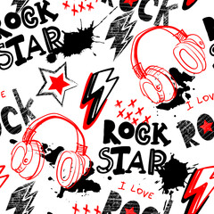 Abstract seamless modern pattern with spray paint, words rock star.  Abstract fashion drawing print design in hand drawing style.
