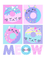Fashion abstract t-shirt design with cat donuts. Cute background for little girl