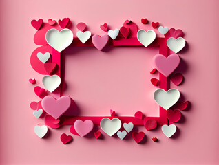 Saint Valentine day background, paper red and white hearts on flat pink background