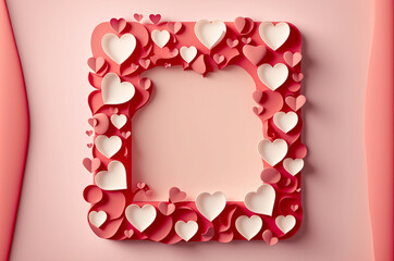 Saint Valentine day background, paper red hearts on flat pink background