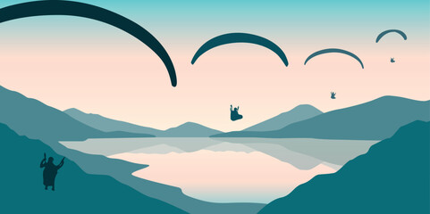 paragliding adventure flying with friends by the lake on mountain background at sunset