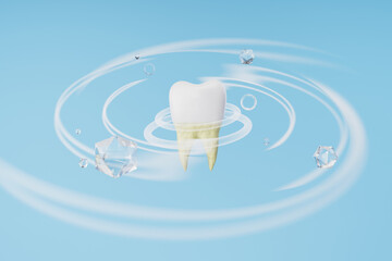 Clean teeth with salt and wind spiral on blue background. Teeth protection, toothpaste product and Dental clinic concept. 3D rendering.