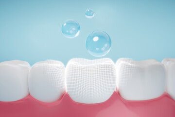 Drop of fluoride coating teeth and gums metaphor oral hygiene, cleaning teeth and gums. 3D rendering. - obrazy, fototapety, plakaty