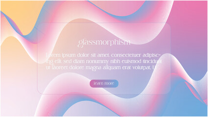 Website landing page template in glassmorphism style. Horizontal Website screen with glass overlay effect isolated on abstract background with liquid gradient shapes. Vector illustration.