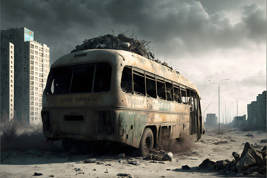 Abandoned Bus in a Apocalyptic City Background, illustration generativ ai