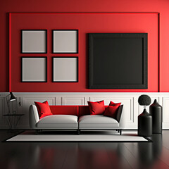 MINIMALIST RED LIVING ROOM WITH BLACK ACCESSORIES