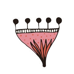 Red and pink Abstract tulip vintage folk mini flowers garden plants isolated on white background. Vector illustration