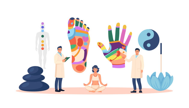 Acupuncture therapy, alternative medicine for disease prevention. Reflexology chart with description of corresponding internal organs. Stress relief. Acupuncturists analyze reflex zones hand, foot