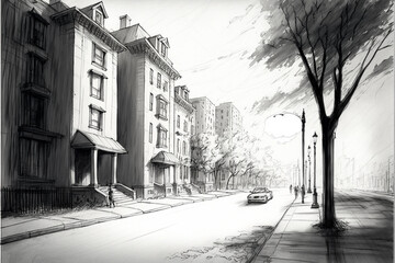 Pencil sketch of neighborhood city street