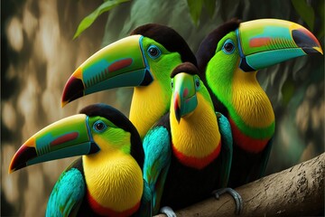 Close-up of colorful keel-billed toucan bird in the group - obrazy, fototapety, plakaty