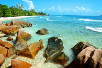 Anse Severe beach in the tropical island La Digue, Seychelles.