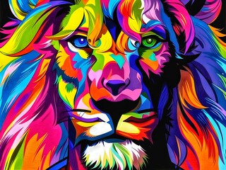 Background with a lion. Close-up. Beautiful Painting of colorful face lion. Picture of a long-haired lion.