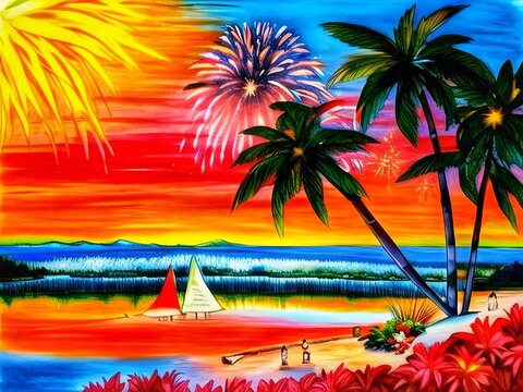Tropical sunset with trees. Landscape paintings of the seafront with palm trees and fireworks with a beautiful red-blue sky.