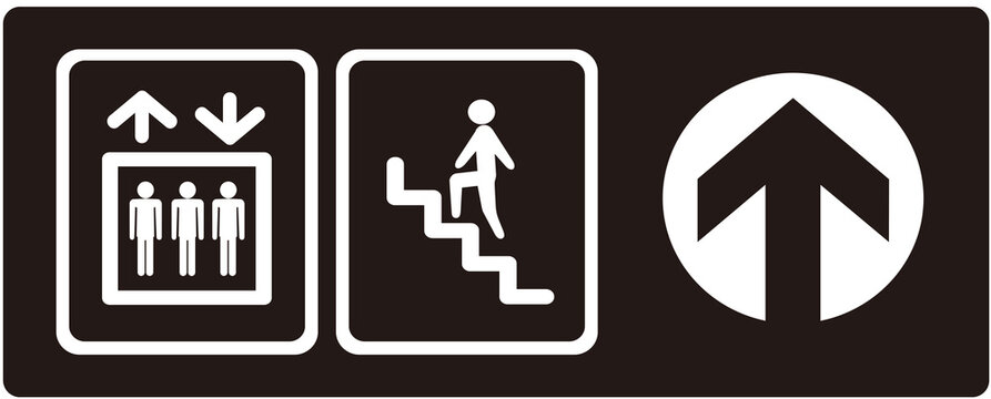 A sign in brown color indicating the stairs and elevator . Lift 