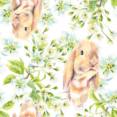 Seamless spring pattern. Cute ginger bunny and cherry blossom. Red rabbit and flowering tree. Realistic watercolor illustration on white background. Great for spring and easter decoration.