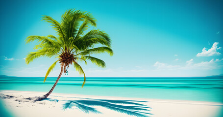 Fototapeta na wymiar Idyllic Tropical Beach with palm tree, travel summer paradise banner background, illustration generativ ai 