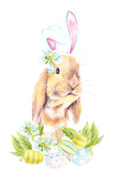Easter nest. Cute Rabbits with long ears wearing easter bunny ears headband. Funny red holland lop bunny rabbit with Easter eggs. Humor watercolor illustration. Easter and spring greeting card.