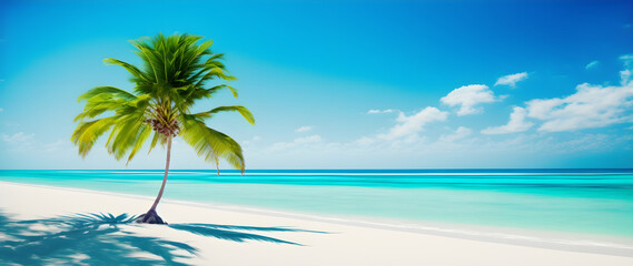 Idyllic Tropical Beach with palm tree, travel summer paradise banner background, illustration generativ ai 