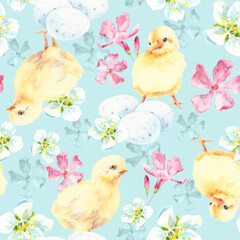 Seamless Easter pattern with chicks. Cute ginger bunny and cherry blossom. Young chicken with Cherry blossom and Oleander flowers. Watercolor background. Spring, Baby shower and Easter decoration.