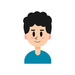 Smiling man with black curly hairstyle isolated on white background, black eyes and eyebrows and pink cheeks, single cartoon flat icon for apps and websites, vector illustration.