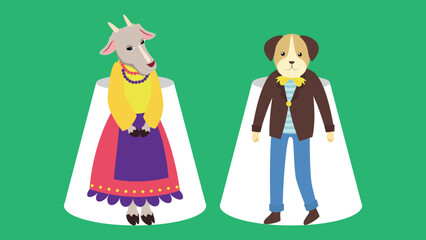 Couple of goat and dog in traditional clothes. Vector illustration in flat style