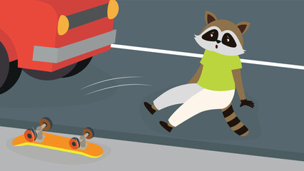 The raccoon fell off the skateboard onto the road in front of the car