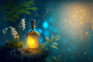 magic blue  potion in a beautiful decorated vial in magic forest - obrazy, fototapety, plakaty