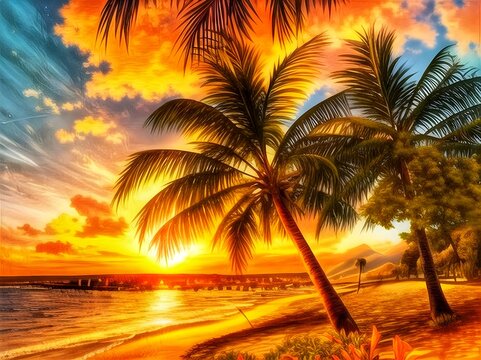 Sunset on the beach. Landscape painting of sunset with beautiful seashore, palm trees and sky.