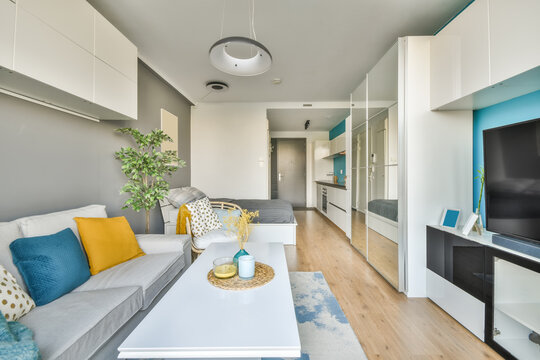 Studio apartment with bed and sofa
