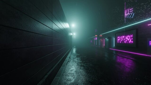 Cyberpunk Street With Neon Lights, Dystopian Atmosphere, Video Loop Animation Futuristic Objects. 3D Concept World, Digital Scene. 4K Template, Seamless Motion, Abstract Moving, Cycled Endless Render.