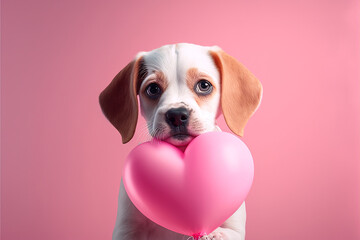 Cute dog with valentine heart shape balloon on pink background. Photograph of Valentine's day card with adorable dog. Generative AI