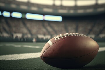 closeup of an american football ball in a crowded Super Bowl stadium event