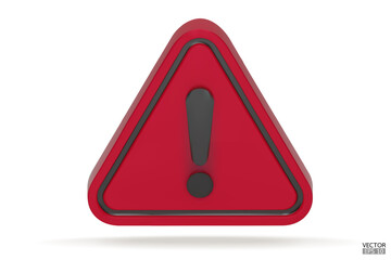 3d Realistic red triangle warning sign isolated on white background. Hazard warning attention sign with exclamation mark symbol. Danger, Alert, Dangerous attention icon. 3D Vector illustration.
