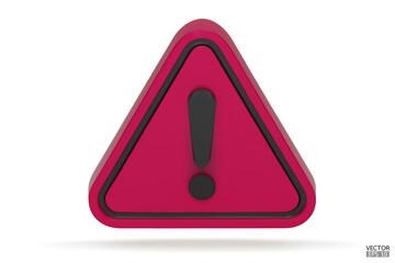 3d Realistic pink triangle warning sign isolated on white background. Hazard warning attention sign with exclamation mark symbol. Danger, Alert, Dangerous attention icon. 3D Vector illustration.