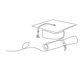 Continuous one line drawing of graduation cap. Simple illustration of black mortar board cap line art vector illustration.